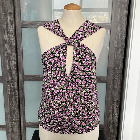 Zara twist neck halter top in purple,green,black & white floral design. XS๐๐๐ค - Picture 2 of 11